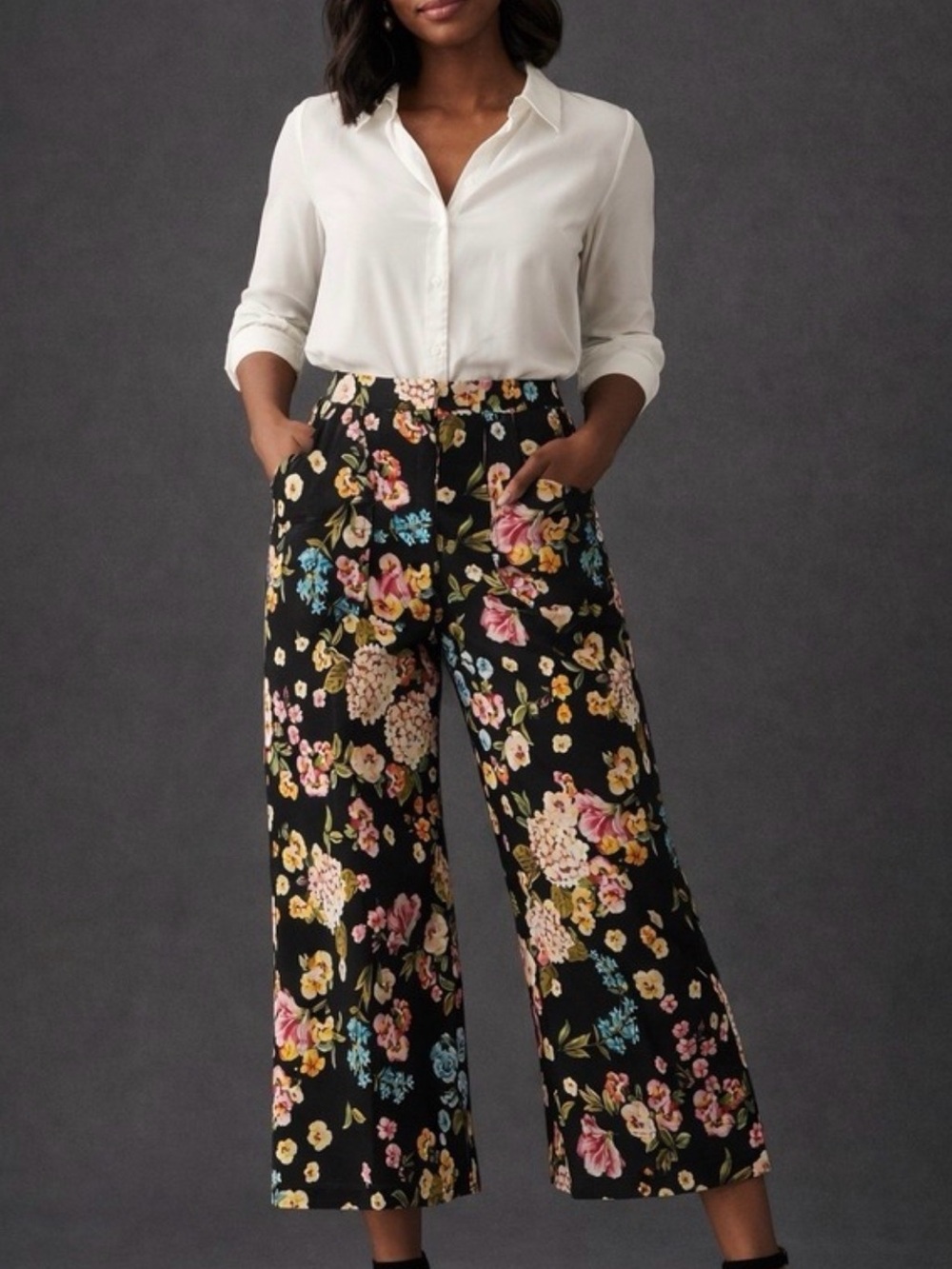 Anthropologie Maeve Black Wide-Leg Floral Pants with Multicolor Blooms